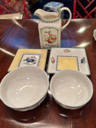 FIVE PIECE COLLECTION OF VILLEROY & BOCH 'FRENCH GARDEN' DINNERWARE SERVING PIECES -PITCHER, BOWLS  -6'-14'