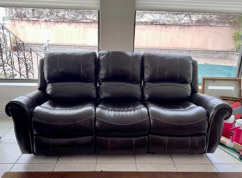 THREE SEAT DARK BROWN LEATHER SOFA WITH RECLINING SEATS - ELECTRIC, LIKE NEW - 89'W BY 42'H BY 21'D