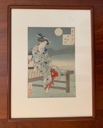 PRETTY SIGNED ANTIQUE ASIAN WOODBLOCK PRINT - FRAMED 16' BY 21'