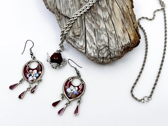 (J-8) VINTAGE STERLING SILVER & RED ABALONE EARRINGS, MEXICO & STERLING NECKLACE & RED TEA POT PENDANT BY CK