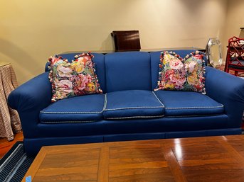 MASON ART CUSTOM MADE THREE SEAT SOFA - DARK BLUE WITH YELLOW PIPING - 77' LONG BY 37 D-Pillows Listed Separat