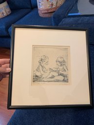 ELIZABETH DELSON 1975 ETCHING 'CAT'S CRADLE' TWO GIRLS PLAYING GAME - FRAMED, 13'BY 13'