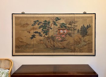 SIGNED ANTIQUE CHINESE FOUR PANEL SCREEN PAINTING -HAND PAINTED ON PAPER - 71' BY 36'