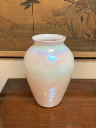VINTAGE IRIDESCENT GLASS FLOOR VASE - WHITE PEARLIZED VASE - 17' HIGH BY 11' WIDE