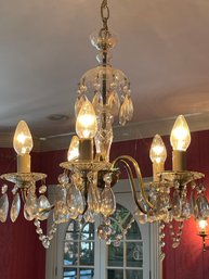 BEAUTIFUL VINTAGE CRYSTAL CHANDELIER WITH SIX BRASS ARMS - APPROX. 30' BY 36'