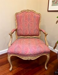 LOVELY VINTAGE UPHOLSTERED ARMCHAIR IN PINK PAISLEY FABRIC - PERFECT CONDITION - 26' WIDE BY 37'HIGH