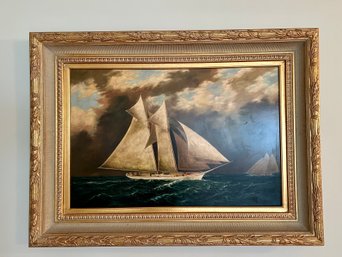 (F) FRAMED VINTAGE NAUTICAL OIL PAINTING WITH TWO SAILBOATS - SIGNED - 55' BY 46