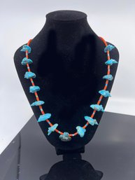(J-14) VINTAGE CARVED TURQUOISE & CORAL NATIVE AMERICAN FETISH NECKLACE WITH STERLING SILVER BEAD CLOSURE