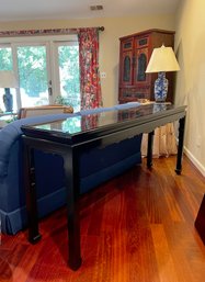 FABULOUS VINTAGE HIGH GLOSS BLACK WOOD CONSOLE TABLE - 76' LONG BY 17' WIDE BY 33' HIGH