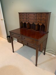 UNIQUE VINTAGE DESK WITH FAUX APOTHECARY DETAIL, CABINETS UNDER & LETTER SLOTS - SO PRETTY! 52' HIGH BY 40' W