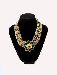 (A-35) VINTAGE JAY WEINBERG (JAY STRONG) STATEMENT GOLDEN NECKLACE GREEN TOURMALINE ENAMEL