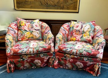 PAIR OF VINTAGE BARREL CHAIRS IN VIBRANT BIG CHINTZ PATTERN -CUSTOM UPHOLSTERED- 31' WIDE BY 32' HIGH BY  35'D