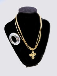 (A-39) VINTAGE LOT OF 2 'GIVENCHY' ITEMS-GOLD TONE NECKLACE W/CROSS-SILVER TONE CIRCLE PIN-NY-PARIS