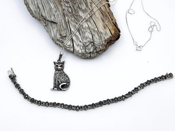 (J-19) STERLING SILVER & MARCASITE SEATED CAT PENDANT WITH STERLING CHAIN & PRETTY MARCASITE BRACELET