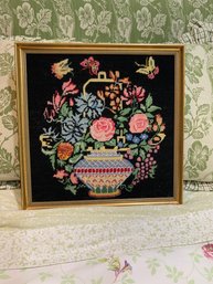 BEAUTIFUL VINTAGE FRAMED NEEDLEPOINT PICTURE - URN WITH FLOWERS & BUTTERFLIES - 16' BY 16'