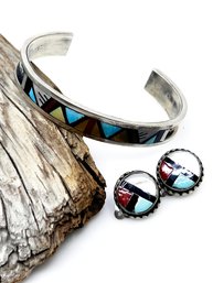 (J-20) VINTAGE LOT OF 2 STERLING SILVER , TURQUOISE & CORAL ITEMS-ZUNI BRACELET & CLIP ON EARRINGS