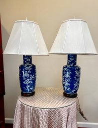 PAIR VINTAGE CERAMIC GINGER JAR LAMPS WITH CHINESE WOOD BASES - 35' TALL W/SHADE, 8' WIDE BASE