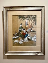 ANTIQUE ASIAN WOODBLOCK PRINT 'FOUR SISTERS RETURNING TO PARENT'S HOME'- FRAMED 22' BY 26'