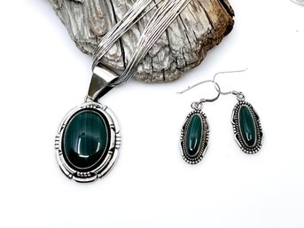 (J-22) RYDELL BILLIE, NAVAJO OLD PAWN MALACHITE & STERLING SILVER MULTI STRAND NECKLACE &COORDINATING EARRINGS