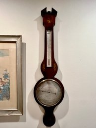 ANTIQUE MERCURY BAROMETER BY PEDRONCELLI OF BODMIN WITH INLAID WOOD DESIGNS-  39' BY 10'