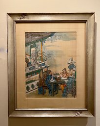 ANTIQUE ASIAN WOODBLOCK PRINT -FOUR ELDERS AROUND A TABLE- FRAMED 22' BY 26'