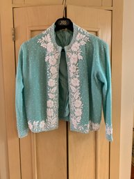 (C-2) VINTAGE MINT GREEN SWEATER WITH WHITE BEADING, ADORABLE, NO SIZE - SEE PICS FOR BEST DESCRIPTION