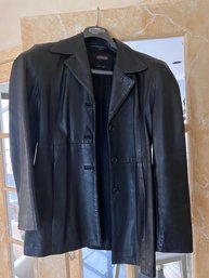 COACH BLACK LEATHER THREE BUTTON JACKET, SIZE MEDIUM