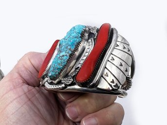 (J-25) VINTAGE OLD PAWN HEAVY STERLING SILVER, TURQUOISE & CORAL NATIVE AMERICAN BRACELET - APPROX. 63 DWT