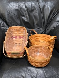 (M-8) TRIO OF VINTAGE LONGABERGER BASKETS WITH HANDLES & PLASTIC INSERTS ON 2 - 9' - 12'