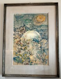 SIGNED VINTAGE LITHO ABSTRACT JUDAICA - 'A. YAISIN' 1964 - FRAMED 24' BY 32'