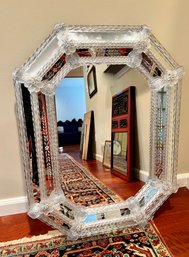 BEAUTIFUL VINTAGE ALL GLASS VENETIAN MIRROR - DECORATED WITH RAISED FLOWERS - WOOD BACKED - 26' BY 34'