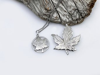 (J-33) LOT OF 2 'EMC' STERLING SILVER FRONT PIECES OF MAPLE LEAF JEWELRY-NECKLACE & PIN