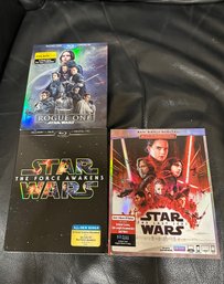 (M-36) THREE STAR WARS MOVIES, 'FORCE AWAKENS, LAST JEDI & ROGUE ONE' BLU-RAY DVD'S - SEALED