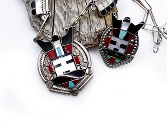 (J-36) MATCHING LOT  NAVAJO 'ZUNI' NECKLACE & RING-STERLING SILVER, BLACK JET, MOTHER OF PEARL & TURQUOISE