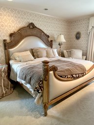 BEAUTIFUL JEFFCO FURNITURE, FRENCH STYLE UPHOLSTERED AUBERGE BED WITH CANED HEAD & FOOT BOARDS - KING SIZE
