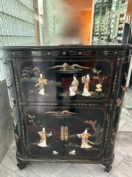 (UP) CHINESE BLACK LACQUER BAR CABINET W/ MOTHER OF PEARL & PAINTED SCENES- SIDES & TOP OPEN-43' BY 18' BY 36'