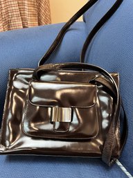(P-24) VINTAGE PAOLO MASI BLACK POLISHED LEATHER HANDBAG, COOL DESIGN, ITALY - 19' BY 12'