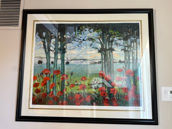 (HALL) MICHEL HENRY, FRENCH (1928-2016) FRAMED & SIGNED LITHO 'POPPY FIELD WITH PICKNICKERS' 3/25, H.C - 49X42