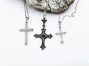 (J-46) TRIO OF VINTAGE STERLING SILVER AND MARCASITE CROSSES WITH CHAINS - APPROX. 7.56 DWT