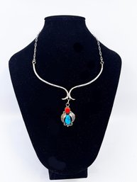 (J-41) VINTAGE SOUTHWESTERN STYLE STERLING SILVER TURQUOISE AND CORAL NECKLACE-aPPROX. 27 DWT