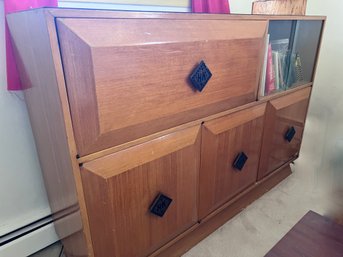 (BR) MCM BAR CABINET WITH PULL DOWN WORK SURFACE & UNIQUE DRAWER HANDLES - 60' BY 41' BY 16'