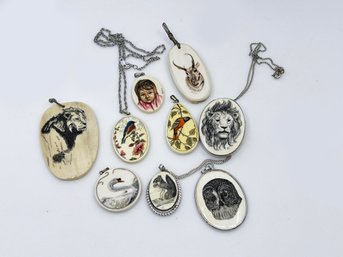 (J-58) COLLECTION OF NINE VINTAGE HAND PAINTED NECKLACES'S AND PENDENTS-SOME SIGNED SOME W/STERLING