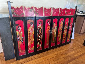 HAND PAINTED ASIAN INSPIRED ART SCREEN W/ TOP PANELS - TWO NEED TO BE REATTACHED -NOT FUNCTIONING - 69' BY 48'