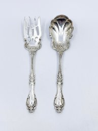 (J-69) ANTIQUE/VINTAGE PAIR OF STERLING SILVER SERVING SPOON AND FORK-HALLMARK SPOON B