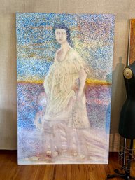 HUGE ORIG.1966 POINTILLISM OIL PAINTING ON CANVAS - BEACH DAY BY YONA KNISPEL (GOLDSTEIN, DEVERON) -50' BY 80'