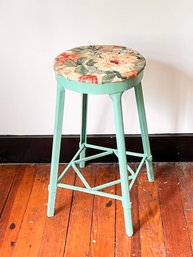 (GA-41) VINTAGE GREEN METAL STOOL WITH FLORAL CUSHION-23' TALL-ITEM NOT SHIPPABLE