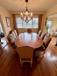 VINTAGE FRUITWOOD DINING TABLE WITH EIGHT COORDINATING CHAIRS - TABLE IS 90' LONG WITH TWO 18' LEAVES -48' W.