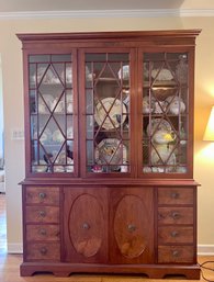 VINTAGE TRADITIONAL DINING ROOM CHINA CABINET - 84' BY 62' BY 14' D - NOT SURE IF TWO PIECES BUT WILL FIT OUT