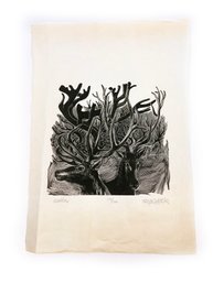 (A-49) VINTAGE 'STEFAN MARTIN' WOODCUT ETCHING-SIGNED 139/140-ANTLERS-SEE IMAGES FOR CONDITION