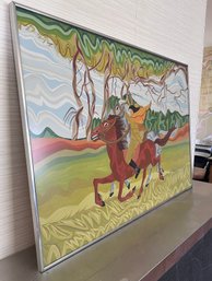(A-16) VINTAGE 1956 YONA KNISPEL (-2024) MODERNIST/CUBIST/ANIME -LIKE PAINTING OF HORSE & RIDER- 27' BY 40'